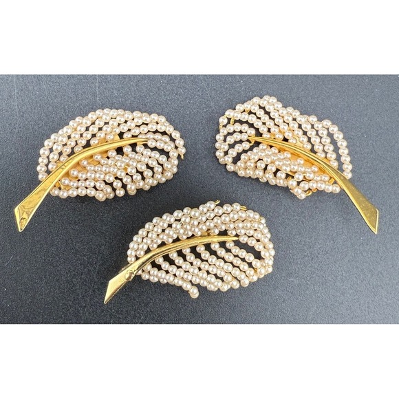 Estate Jewelry - Vintage Brooch and Clip On Earrings Set Faux Pearl Leaf Gold Tone Delicate
